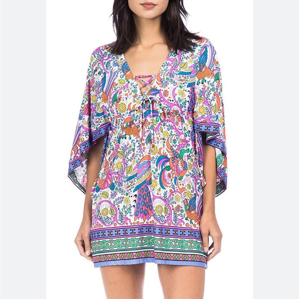 NWOT trina Turk caftan tunic beach swimsuit coverup lace up paisley pattern s XS